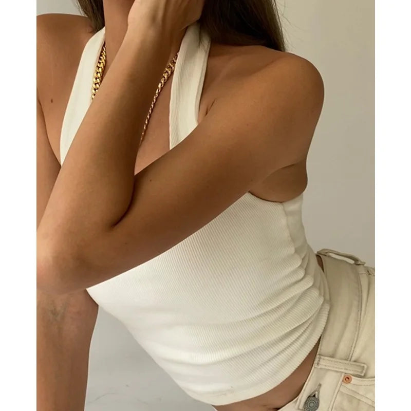 White Halter Sexy Backless Tank Tops for Women Streetwear 2023 Sleeveless Ribbed Knit Vest Top Cropped Feminino