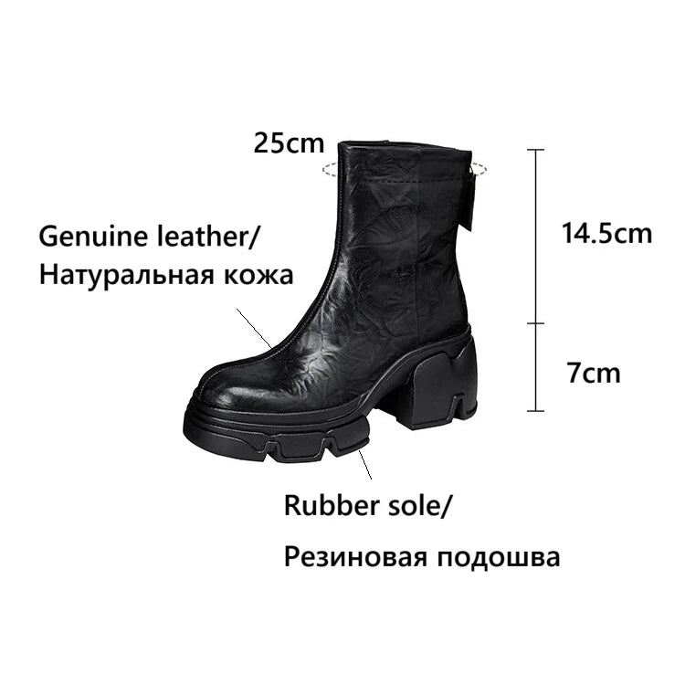 NEW Autumn Women Boots Genuine Leather Shoes for Women Round Toe Chunky Heel Shoes Concise Zip Platform Boots Soft Daily Shoes