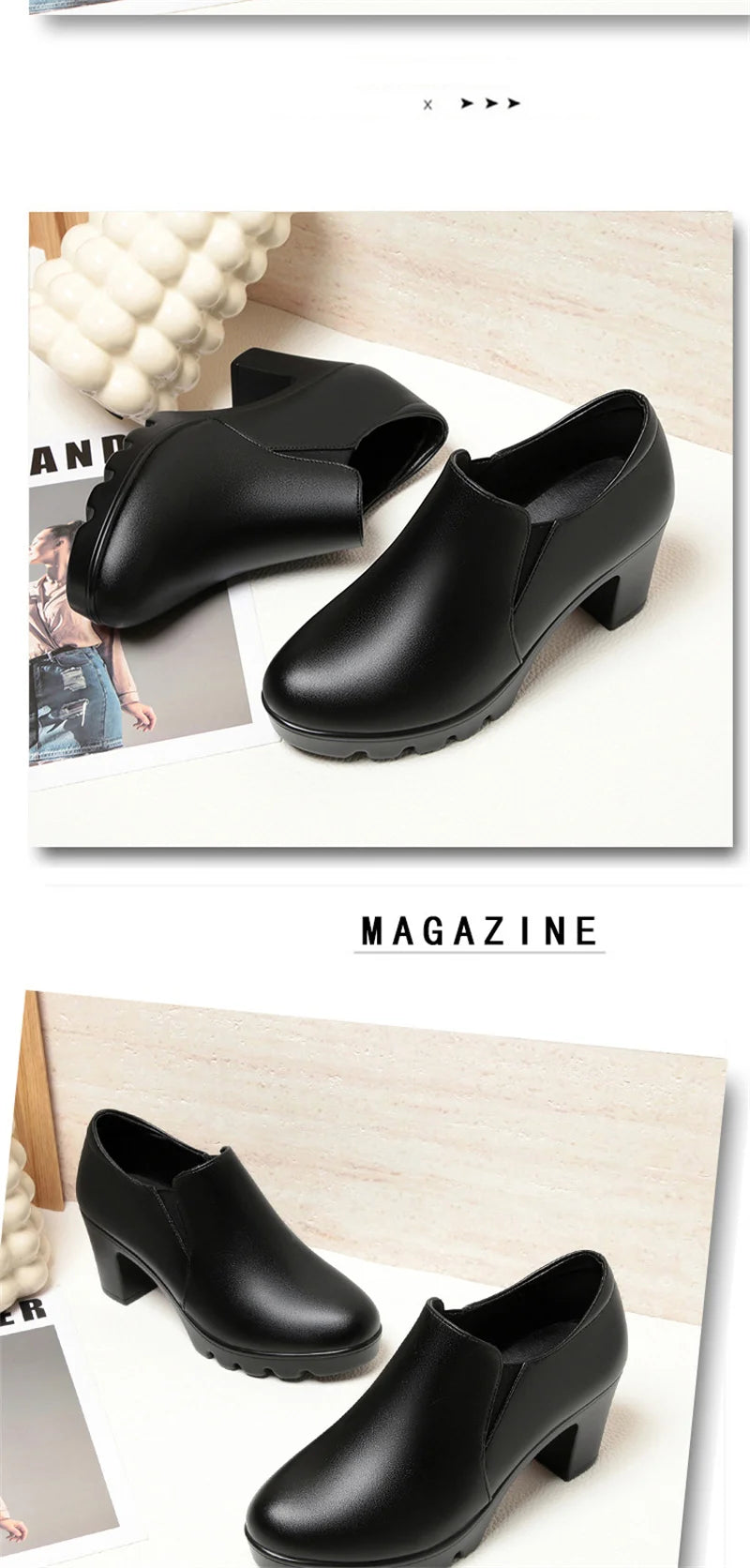 Round Toe Deep Mouth Single Shoes High Heels Thick Heels Versatile Spring Autumn Thick Sole Waterproof Platform Leather Shoes