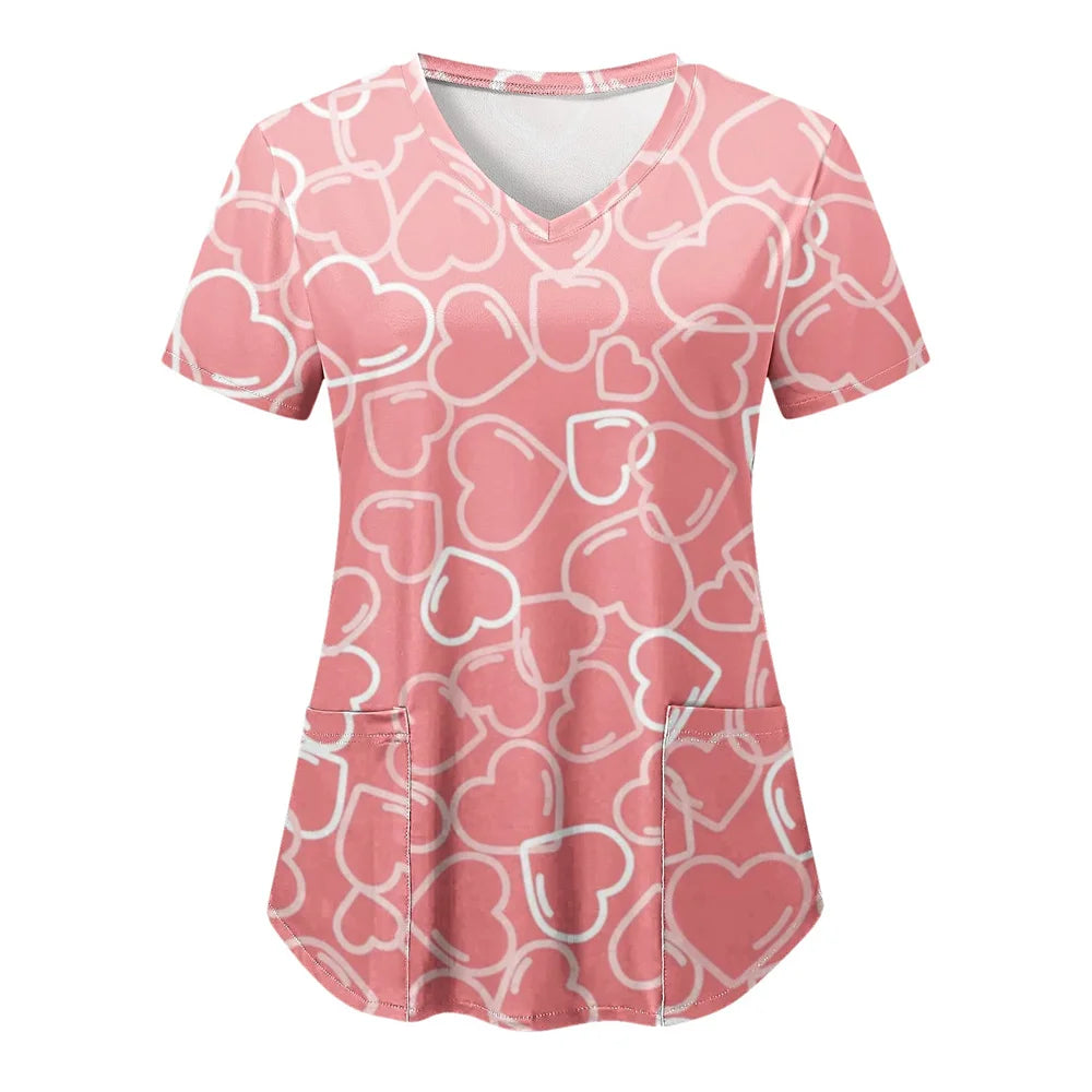 Tops Women Scrub Nurse Print Short Sleeve Cartoon V-Neck Tops Working T-Shirts Heart Print Healthcare Tunic Carers Workwear Tops