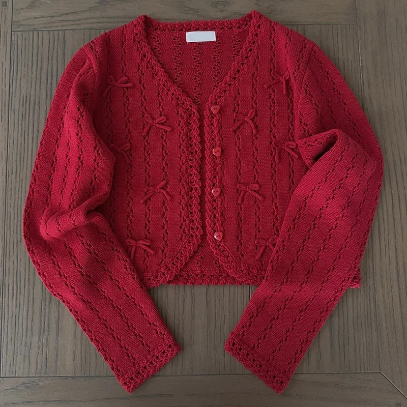 Sweet Knitted Cardigans Women Hand Crochet Bows Decoration Heart Hollow Out Sweaters for Kawaii Girls