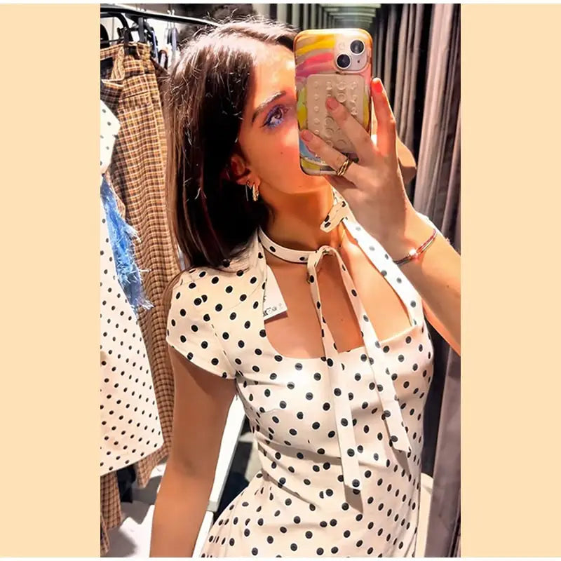 Fashion Polka Dot Mini Dress For Women 2026 Spring Summer Short Sleeve Lace Up Collar Party Dress Lady Bodycon Evening Vestidos