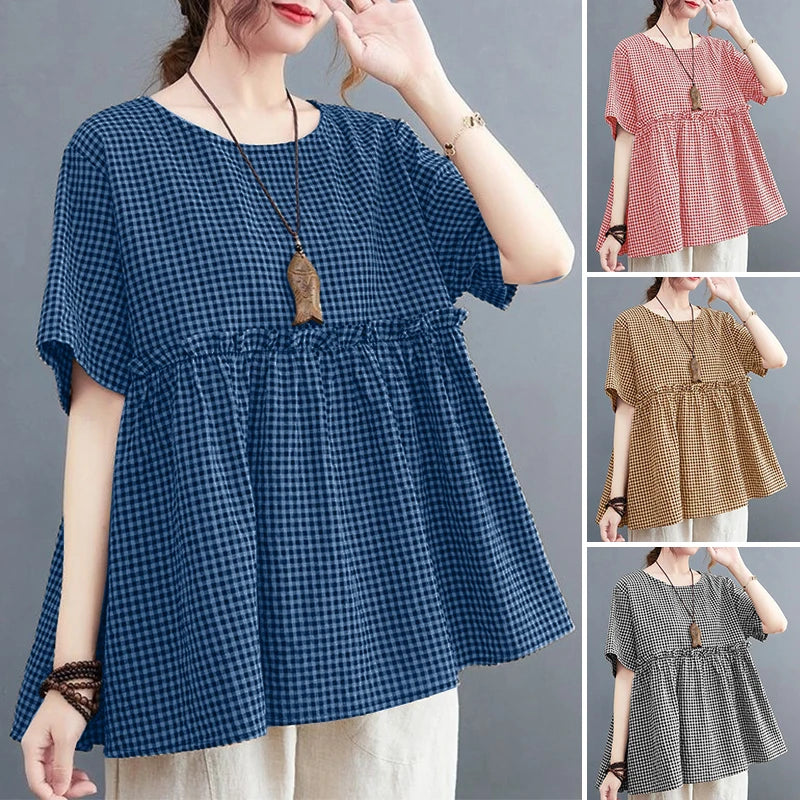 2025 ZANZEA Women Plaid Checked Blouse Summer Casual O Neck Short Sleeve Blusas Loose Tops Stylish Ruffled Work Shirt Oversize