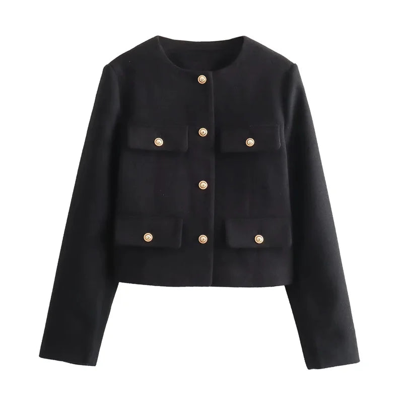 MUJER Tweed Cropped Jacket Woman Long Sleeve Vintage Jacket Woman Fashion Button Elegant Jackets For Women New In Short Coats