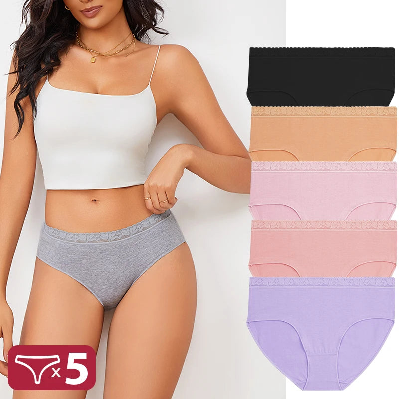 FINETOO 5PCS/Set Women Cotton Panties Sexy Low Waist Briefs Lace Cotton Female Comfortable Underwear Solid Color Soft Lingerie