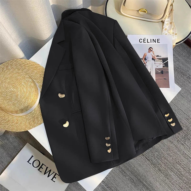 Vintage Double-breasted Blazers Jacket Women Elegant Temperament Metal Buttons Blazer Coat Ladies Long Sleeve Black Outerwear
