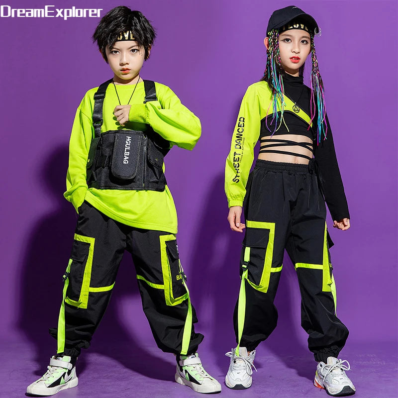 Boys Hip Hop Cool Vest Girls Cargo Pant Outfit Child Sweatshirt Chest Bag Joggers Street Dance Kids Streetwear Costume Sportwear