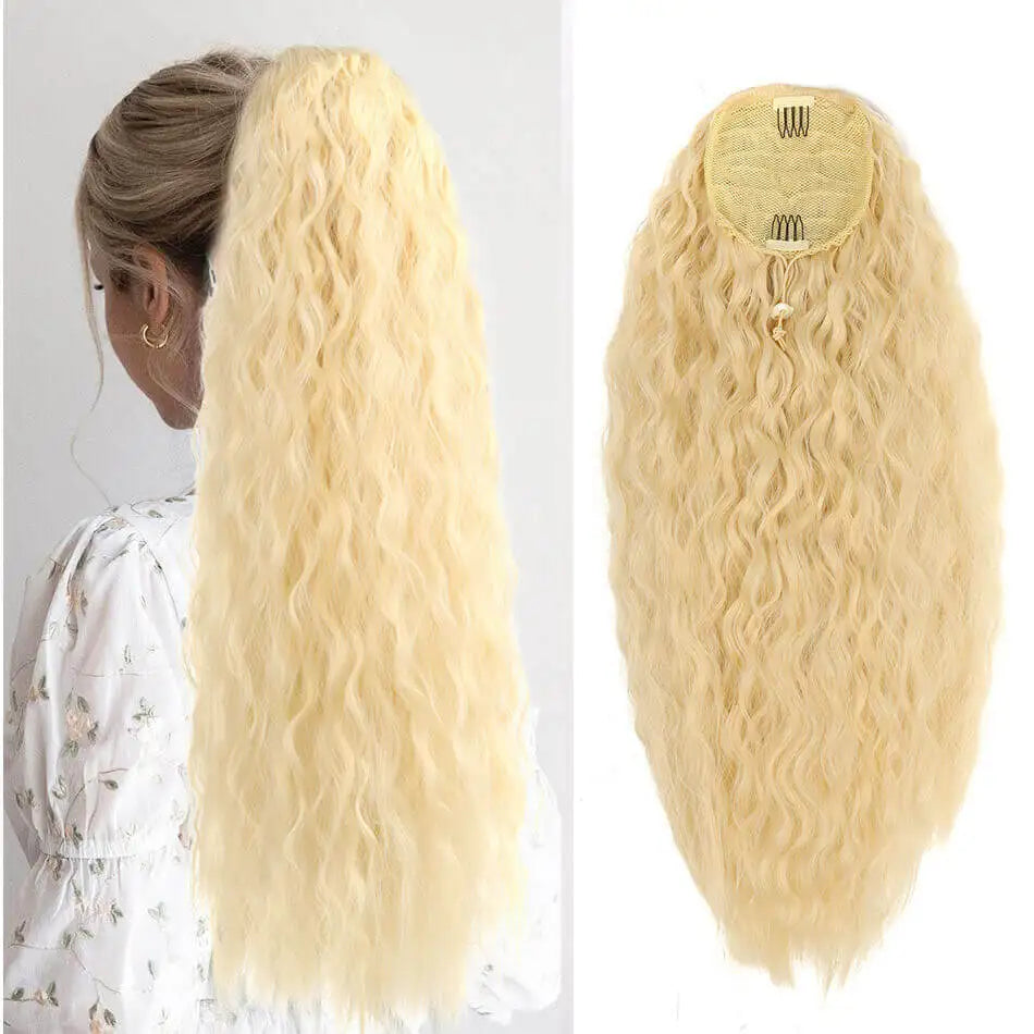 Alana Synthetic Long Natural Wave Drawstring Ponytail 22inch Clip in Hair Extensions Blonde Natural Hair Fake Weave Ponytails