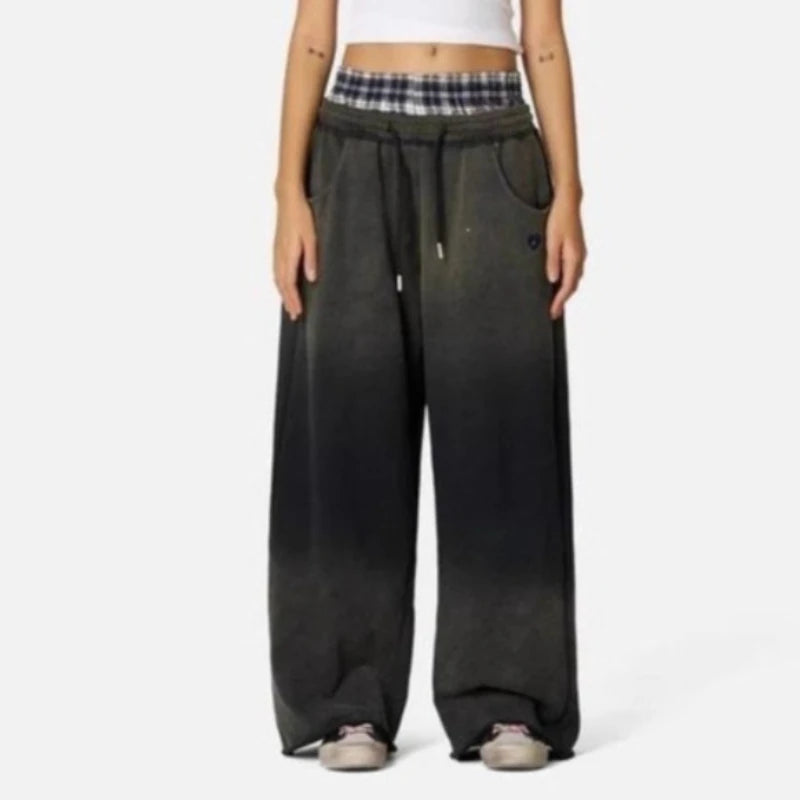Mens Pants Washed Plaid Patchwork Double Waist Straight Leg Trousers Harajuku Unisex Low Rise Loose Fit Casual Streetwear New