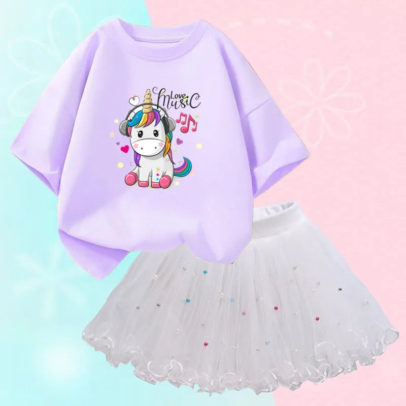 Dresses For Girl Summer Fashion Wear Outfit Kids T-Shirt Suit Unicorn Party Baby Costumes For Children Tulle Tutu Skirt Clothing