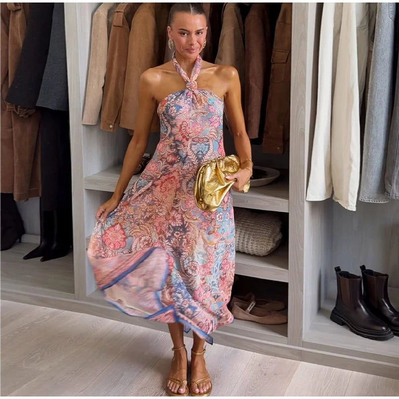 Halter Neck Floral Print Split Set Sleeveless Casual Top Tropical Wrap Slit Maxi Skirt 2026 Summer Bohemian Holiday Women Outfit