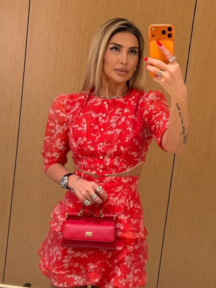 Women's Elegant 2 Piece Set Puff Sleeve Crop Top Ruffle Tiered Mini Skirt Suit Chic Co-ord Outfit  Summer Beach Vacation Outfit