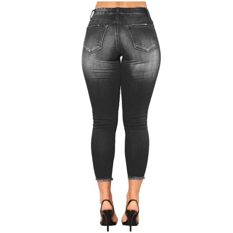 Women Ripped Jeans Low Waist Skinny Denim With Zipper Pockets Blue Y2K Summer