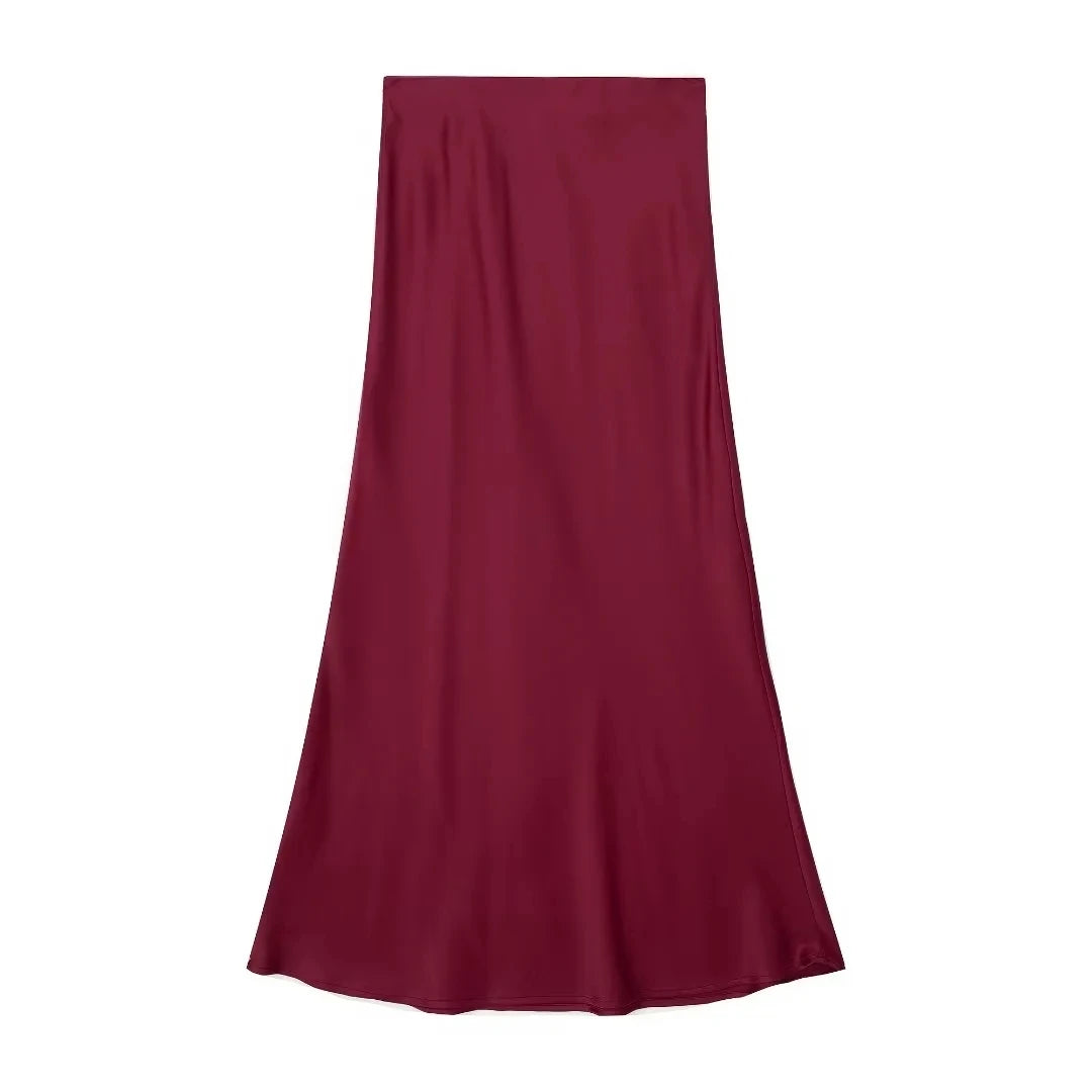 HH Women Fashion Vintage Solid Skirt Satin Slim Elastic Waist Midi Skirts Office Lady Wear Elegant Woman Chic Mermaid Skirt