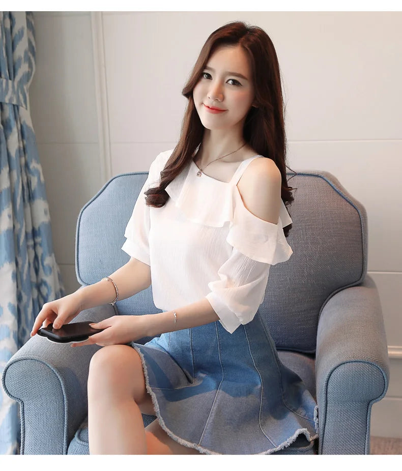 Women's One Shoulder Ruffles Chiffon Blouse Shirt Short Sleeve Pullover Acetate