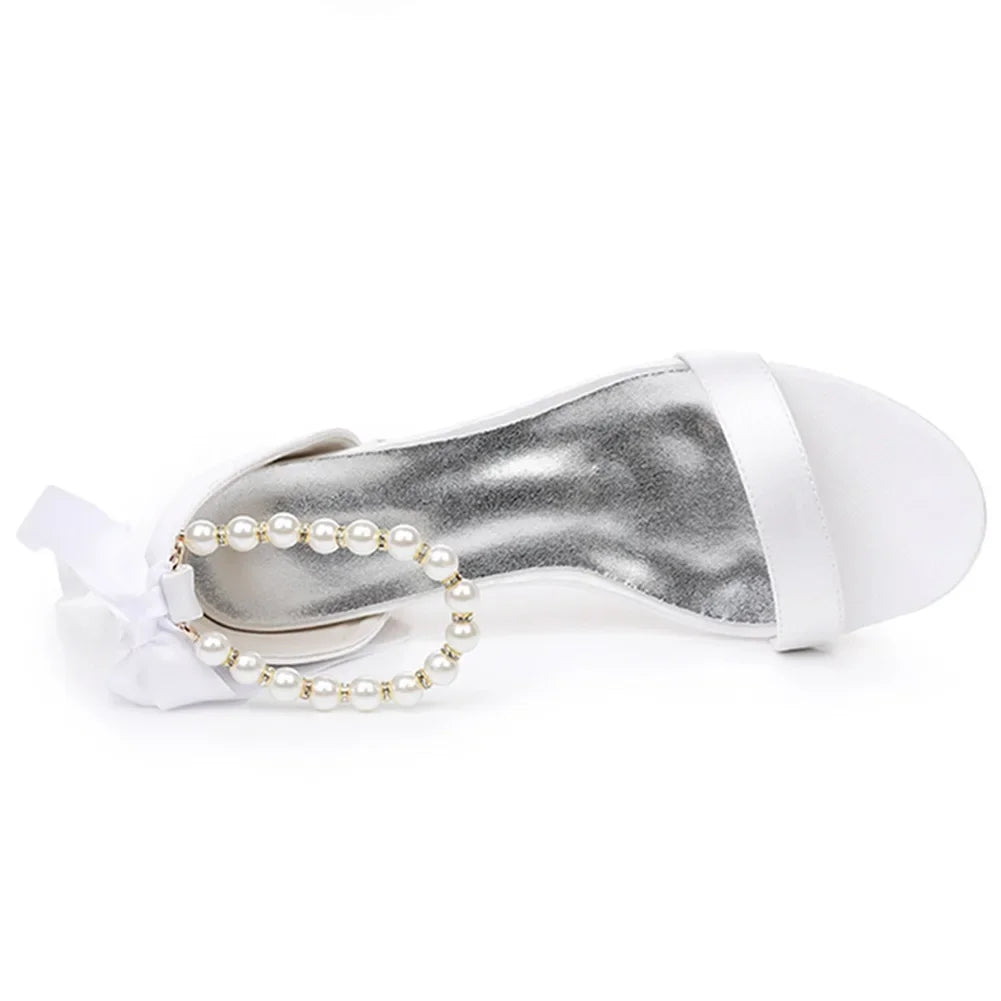 String Bead Sandals for Women Summer Peep Toe Sandals Ladies Fashion Ribbon Bow Thick High Heels Sexy Wedges Wedding Shoes 35-43