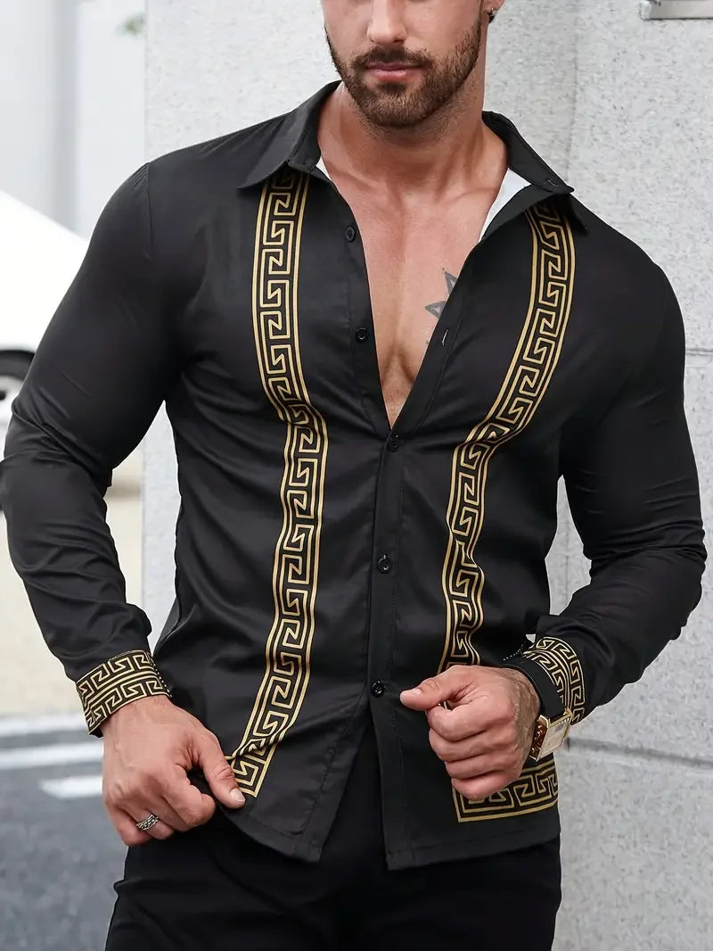 Men's Fashion Geometric Stripe Printed Shirt - Comfortable Fit Spring and Autumn Leisure Long sleeved Shirt Plus Size XS-6XL