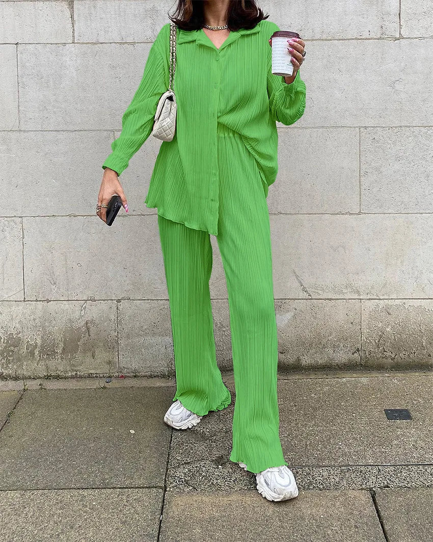 New Two Piece Set Women Outfits Pleated Women's Elegant  Drape Loose Sets Shirt High Waist Trousers Female Suit Fashion Casual