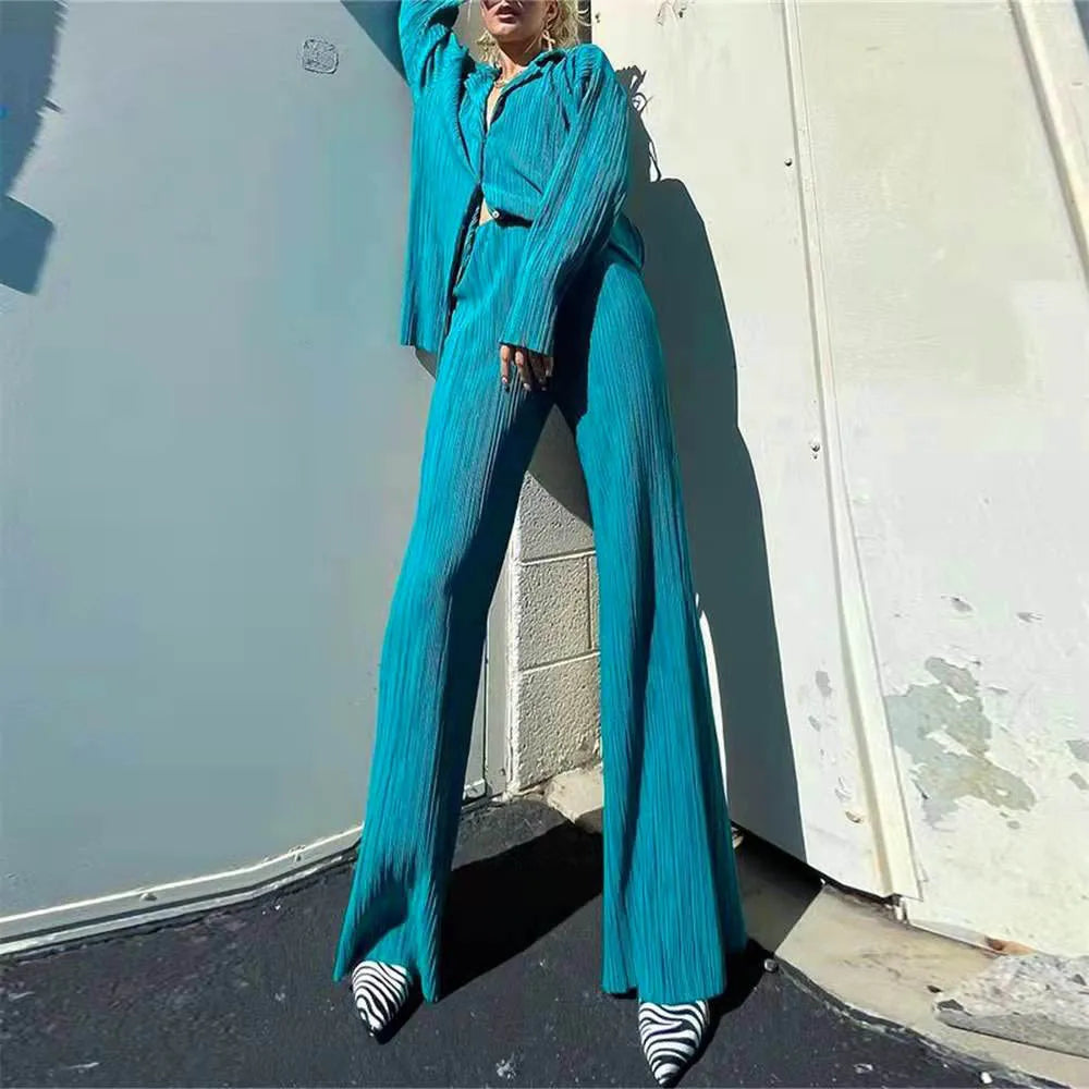New Two Piece Set Women Outfits Pleated Women's Elegant  Drape Loose Sets Shirt High Waist Trousers Female Suit Fashion Casual