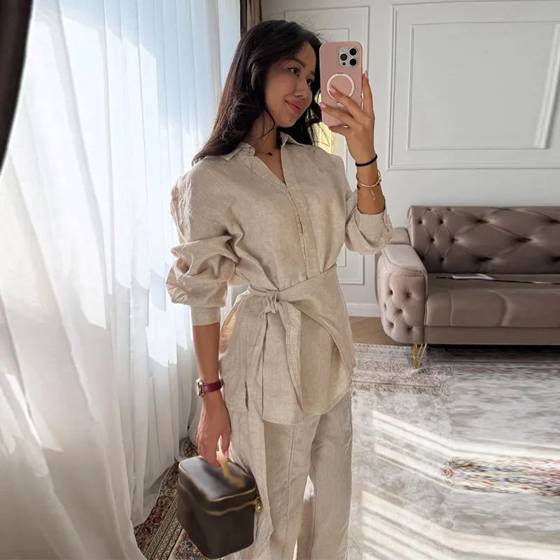 Casual Women's Linen Pants Set 2 Pieces Loose Lace Up Lapel Buttons Shirt Wide Leg Pant 2026 Spring Summer Lady Holiday Suits
