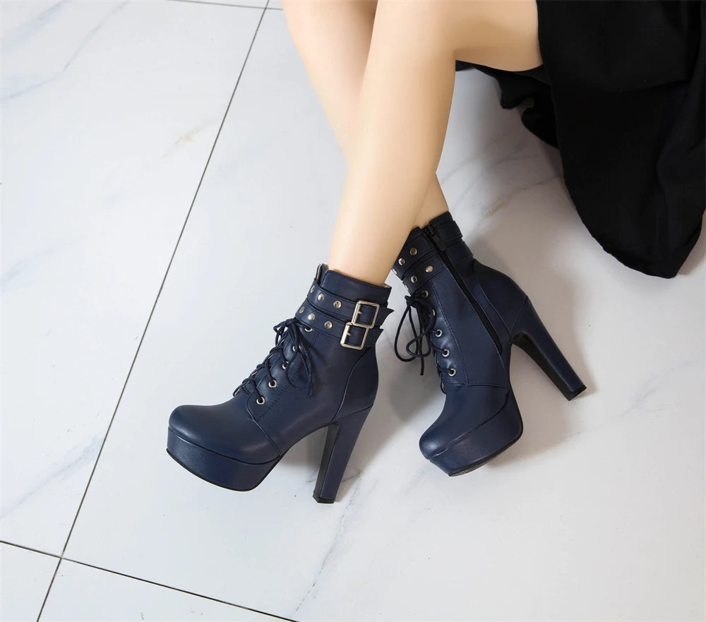 Women Ankle Boots Platform Lace-Up High Heels Short Boot Female Buckle Autumn Winter Red Yellow White Sexy Shoes Large Size34-46