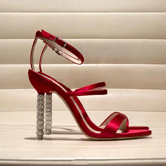 Red Silk Thin Straps Silver Frosting Beads Heels Sandals Wedding High Heels Cutout Open Toe Metal Beading Heels Banquet Shoes