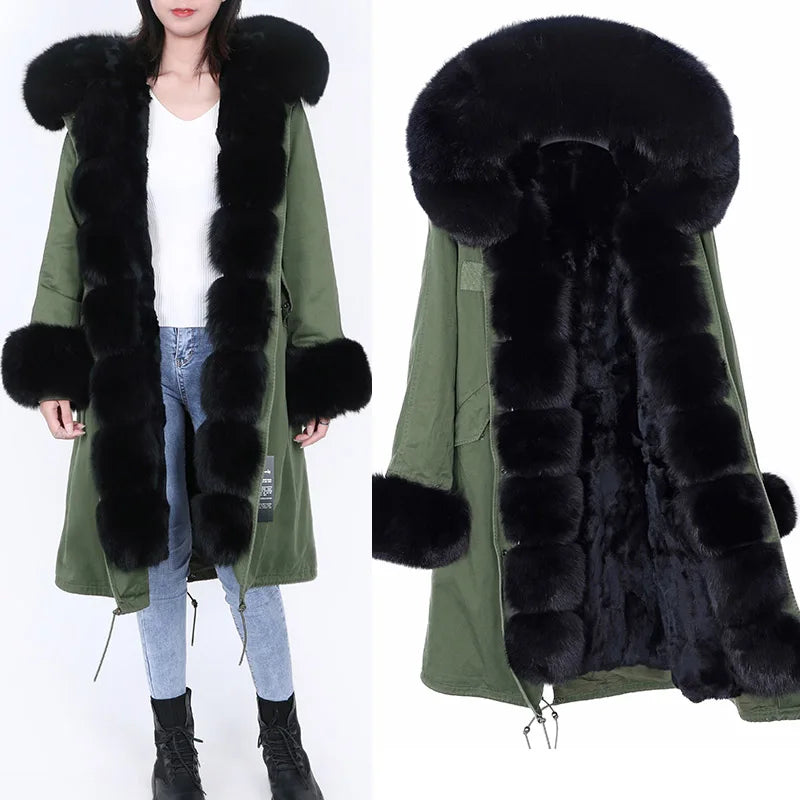 Maomaokong Winter Woman Natural Fur Overcoat Plus Size Black Parkas Raccoon Real Fur Lining Extra Larg Warm Jacket Coats Long