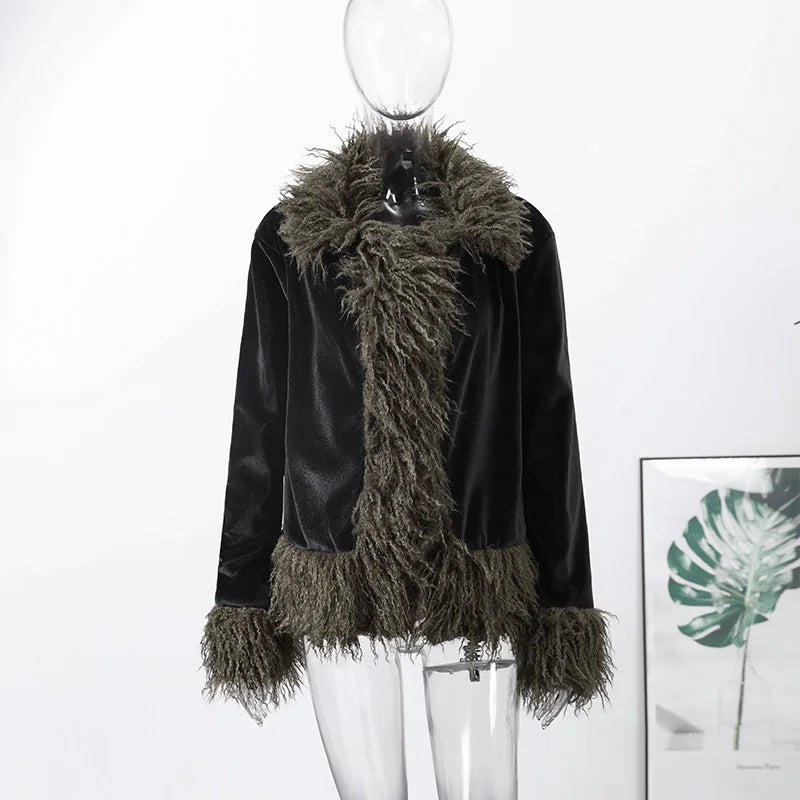 Vintage Patchwork Women's Faux Fur Trim Coat Urban Lapel Full Sleeve Female Jacket Female 2026 Autumn Winter Lady Streetwear New