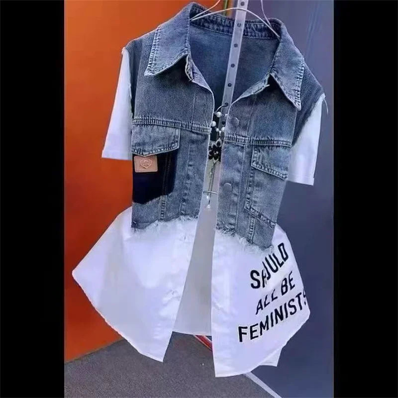 Women Denim Jacket Fake Two Denim Shirts 2025 New Spring Summer Autumn Casual Fashion Joker Stitching Striped Tops Coat Female
