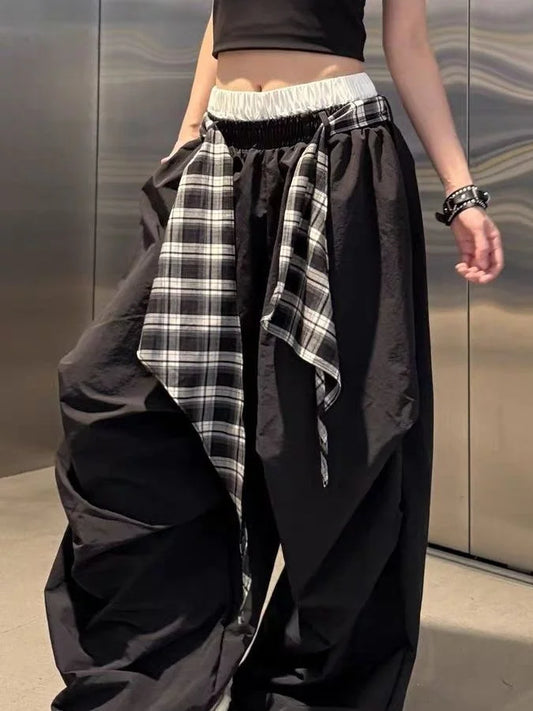American Retro Street Dance Wearable Wide Leg Pants Detachable Loose Drapey Casual Floor-Length Trousers Plaid Splicing
