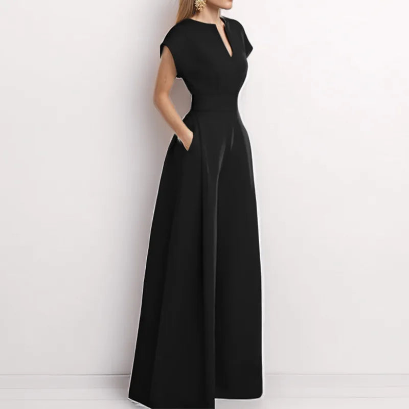 Elegant Solid Color V Neck Jumpsuit For Women High Waist Wide Leg Trousers With Pockets, Formal Office & Party Outfit
