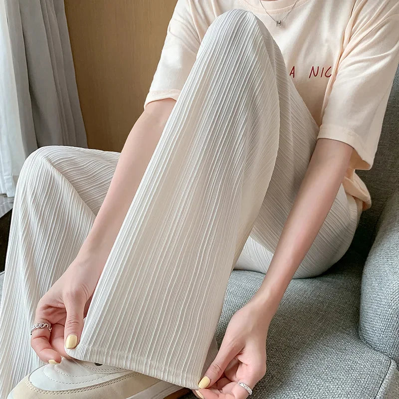 Thin Summer Wide-leg Pants Ice Filament Permeability Women Spring  Women Elastic Waist Stright Long Pants