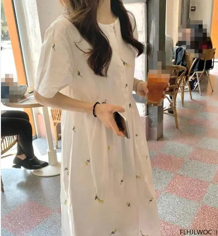 Loose Summer Cute Sweet Japanese Style Girls Flower Embroidery Retro Vintage Single Breasted Button Cotton Blends Shirt Dress