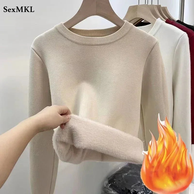 Women's O-neck Velvet Thicken Sweaters Winter Slim Warm Long Sleeve Knitted Tops Casual Plush Fleece Lined Soft Pullovers Ladies