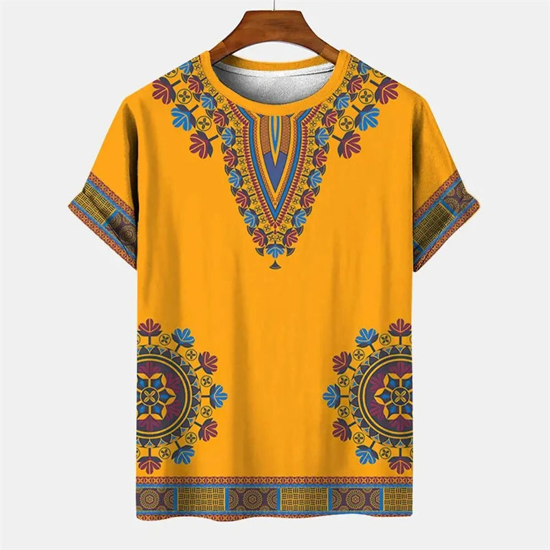 Summer Men's Vintage T-shirt African Tradition Stripe Printed T Shirts Casual O-Neck Short Sleeve Tees Street Fashion Loose Tops