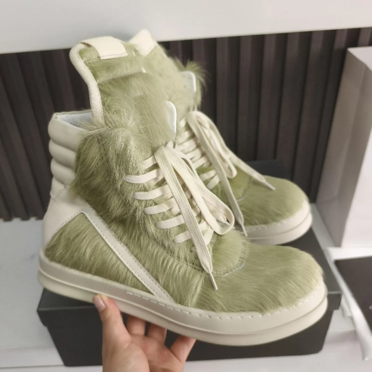 R-o Men Ankle Boot Brand Shoe Gray Green Horse Hair Boots Women Flat Sneaker High Top Casual Shoes Green Horsehair Sneakers