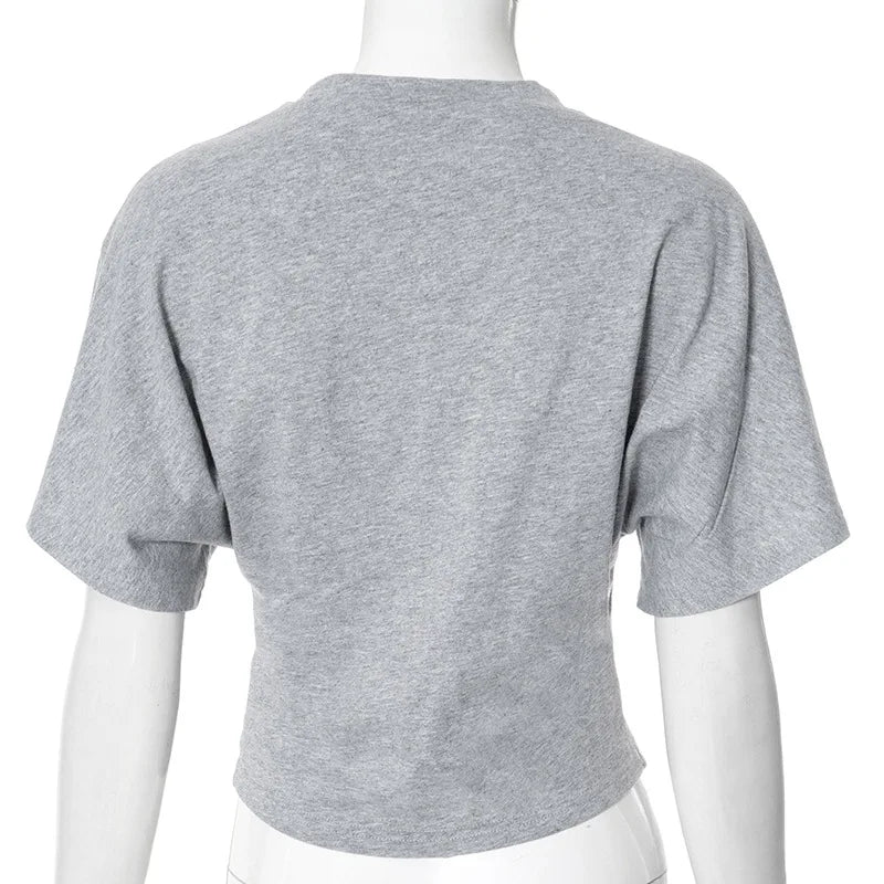 Fashion Casual Solid Gray Cropped T-shirt 2025 Woman Clothes O-neck Corset Tops Streetwear Girls Spring Summer Short Tee Shirts