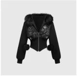 Winter Warm Gothic Print Hoodie Women's Clothin Faux Fur Crop Top Zip-Up Sweatshirt Fashion Y2K Streetwear Hooded Jacket 2026New