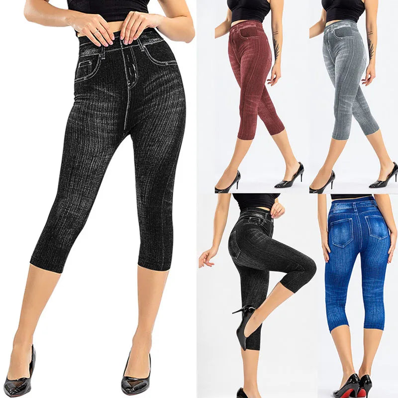 1pcs Womens Denim Print Leggings Female Fashion Slim Leggings Faux Jeans Leggings Lady Stretch Printed Leggins Pants Capri Pants