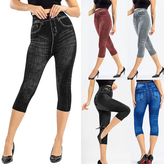 1pcs Womens Denim Print Leggings Female Fashion Slim Leggings Faux Jeans Leggings Lady Stretch Printed Leggins Pants Capri Pants