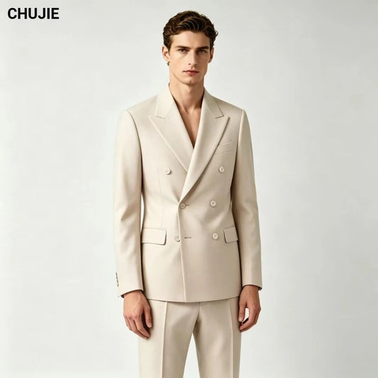 Men Double Breasted Suits For Wedding High Quality Slim Fit 2 Pieces Set Elegant Jackets Pants Blazers Fashion Classic Formal
