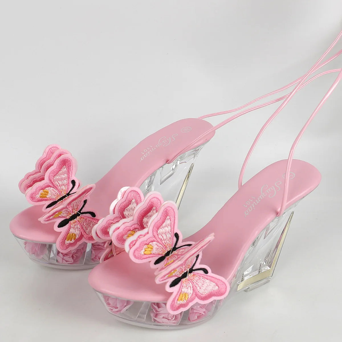 11CM Fashion Model Shoes With Embroider Butterfly Ankle Strap Crystal Wedges Heeled Summer High Heels New Women Platform Sandals