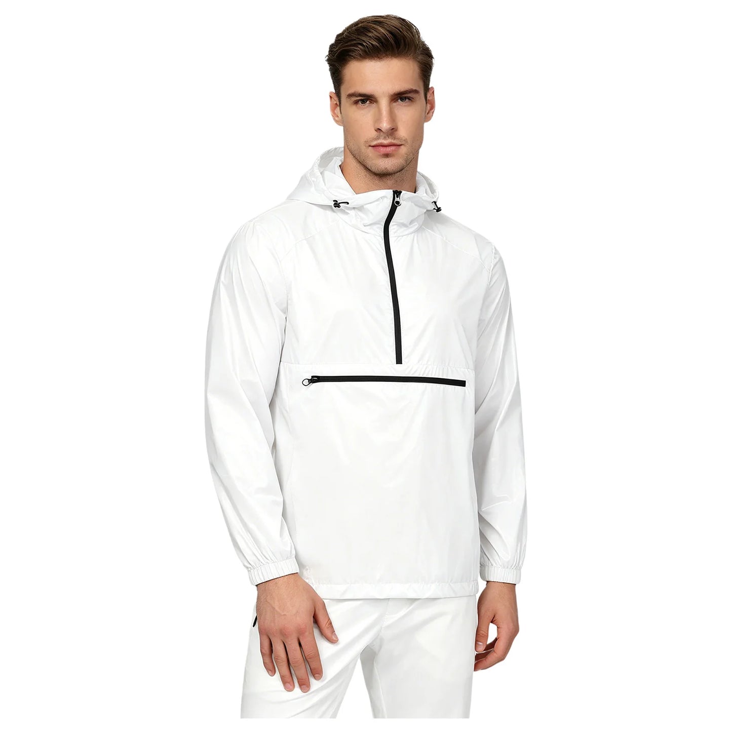Men Shiny Glossy Hooded Jacket Windbreaker Raincoat for Hiking Fishing Biking Long Sleeve Front Zip-up Drawstring Hood Outerwear