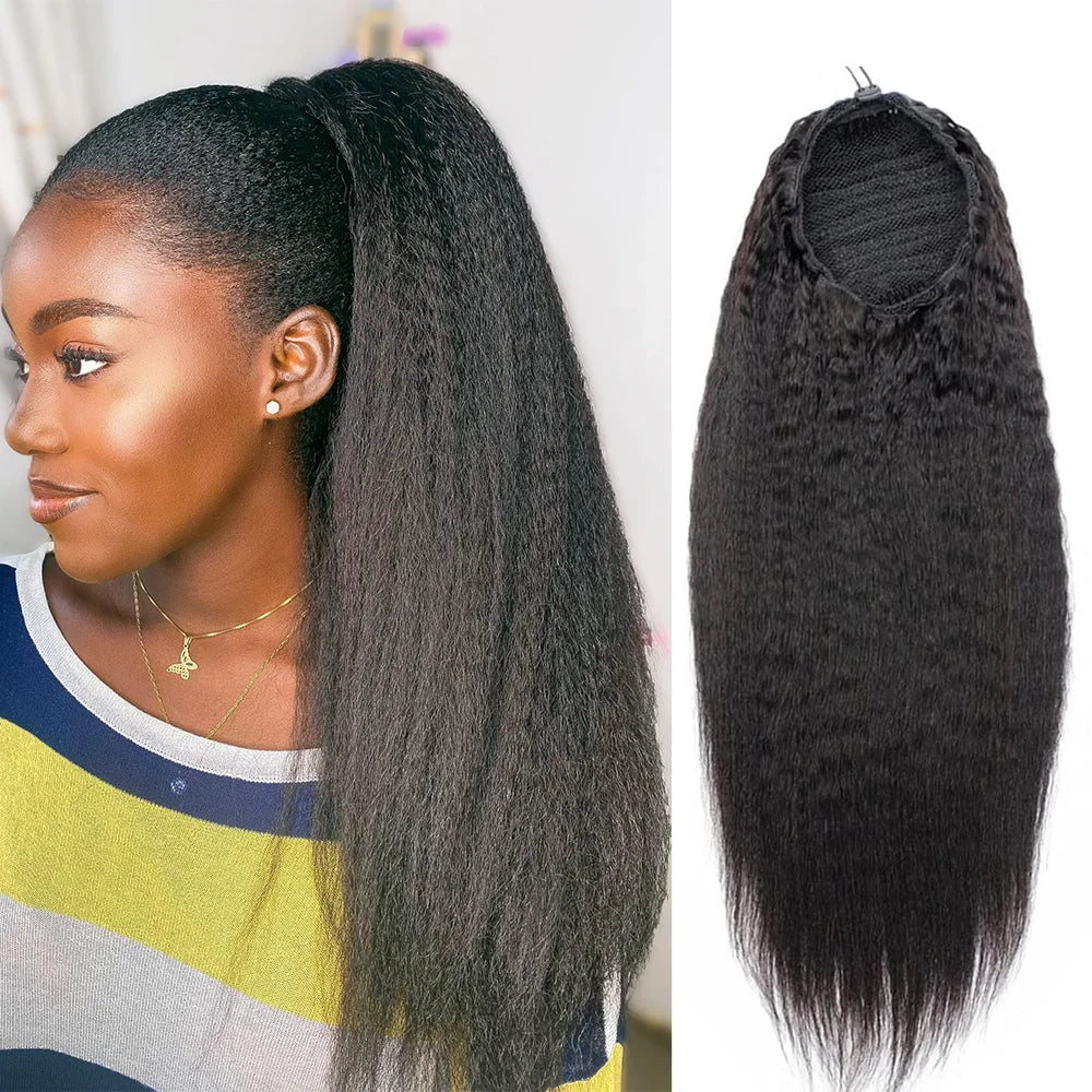 Drawstring Ponytail 100% Human Hair Kinky Straight Ponytail Remy Brazilian Hair Extensions Clip Ins Natural Color Ponytail