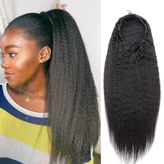 Drawstring Ponytail 100% Human Hair Kinky Straight Ponytail Remy Brazilian Hair Extensions Clip Ins Natural Color Ponytail