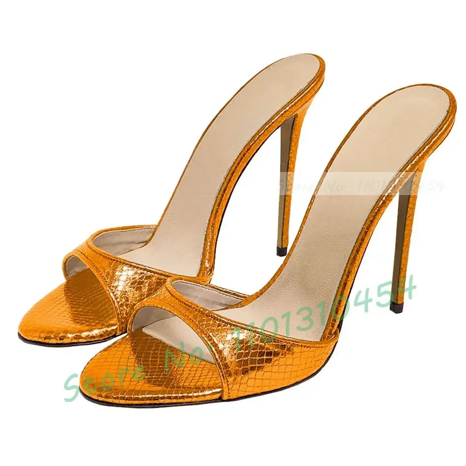 Snake Print Round Open Toe Slippers Women Casual Solid Outdoor Stiletto High Heels Shoes Female Customize Elegant Dress Slides