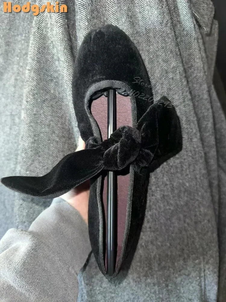 Velvet Bow Flat with Shoes Retro Round Toe Shallow Lace-up Mary Janes Butterfly-knot Daily Shoes Korean Style Design 2025 Women