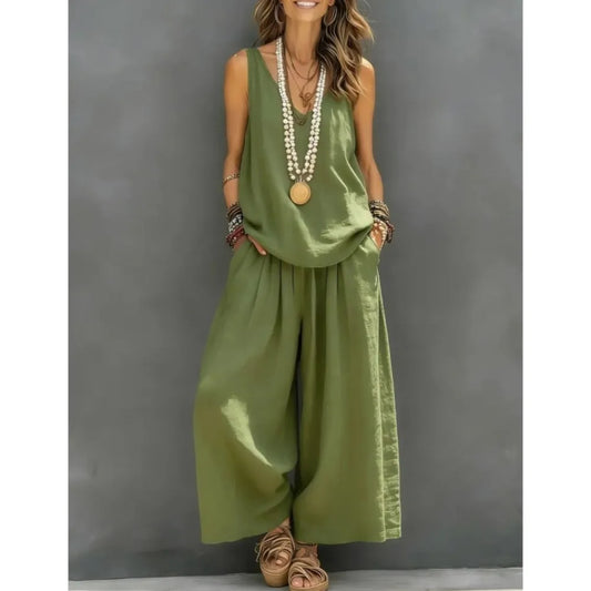 Casual Cotton Linen Vest Trousers 2-piece Summer New Fashion Loose Retro Simple Women's Vacation Wide-leg Trousers Set 2026