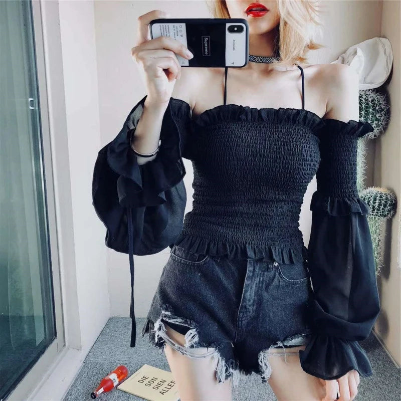 Solid Color Slim Fit Off Shoulder Sexy Women's Chiffon Shirt Sweet Flare Long Sleeved Chic Fashion New Lady Short Tops 8066