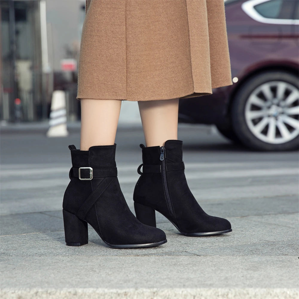 Women High Heels Ankle Boots 2025 Round Toe Elegant Short Booties Ladies Ankle Boots Buckle Decoration Black Blue Autumn Winter